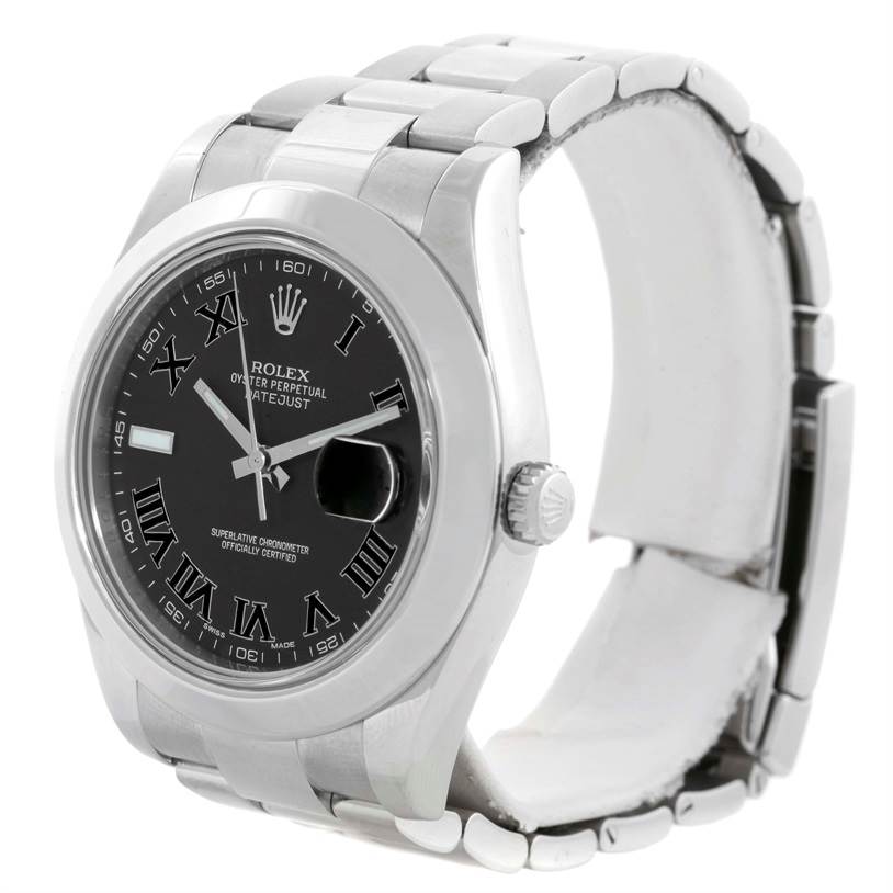 The image shows a Datejust 41 model by Rolex at a slight side angle, displaying the watch face, bezel, crown, and bracelet.