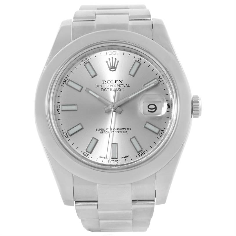 This image shows a straight-on view of the Rolex Datejust 41 116300 Men's Stainless Steel Silver Dial 116300 Men's Stainless Steel Silver Dial watch, focusing on the dial, bezel, case, and bracelet.