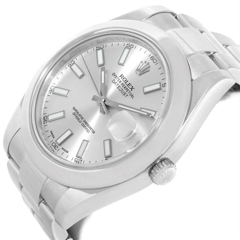 This image shows a close-up angled view of a Rolex Datejust 41 116300 Men's Stainless Steel Silver Dial 116300 Men's Stainless Steel Silver Dial watch, highlighting its face, bracelet, and crown.