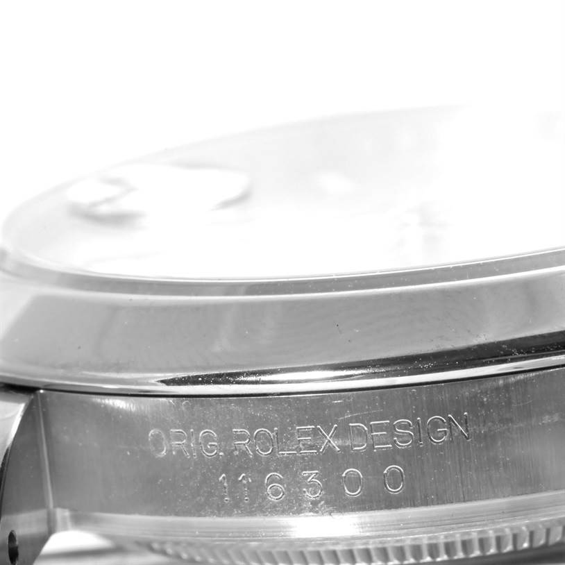 This image shows a close-up side view of the case and bezel of a Rolex Datejust 41 116300 Men's Stainless Steel Silver Dial 116300 Men's Stainless Steel Silver Dial watch, displaying the engraving "ORIG. ROLEX DESIGN 116300."