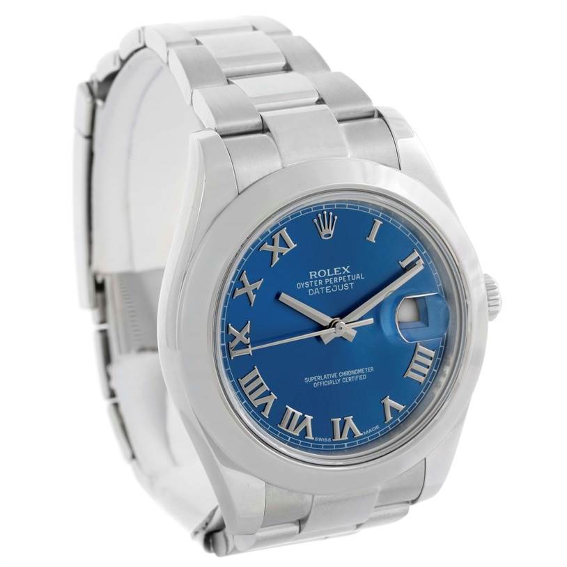 The image shows a Rolex Datejust 41 116300 Men's Stainless Steel Blue Dial 116300 Men's Stainless Steel Blue Dial watch from an oblique angle, highlighting its blue dial, case, and stainless steel bracelet.