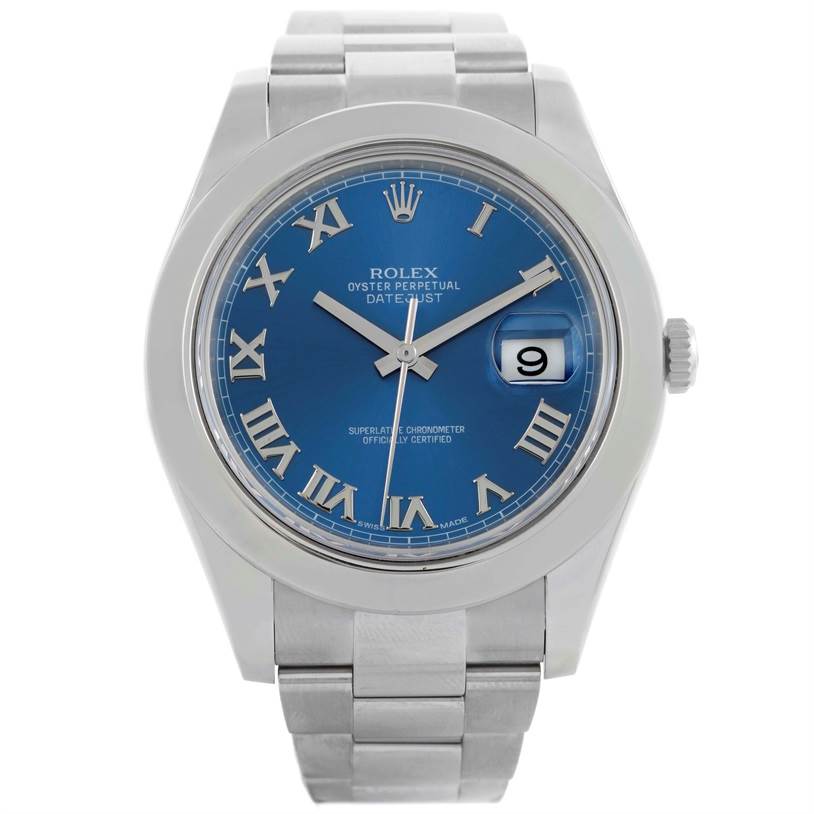 This image shows a front view of a Rolex Datejust 41 116300 Men's Stainless Steel Blue Dial 116300 Men's Stainless Steel Blue Dial watch with a blue dial and Roman numeral markers.