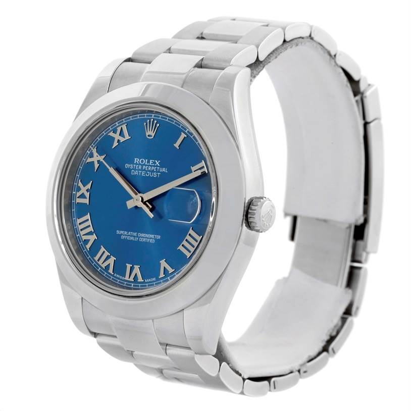 This Rolex Datejust 41 116300 Men's Stainless Steel Blue Dial 116300 Men's Stainless Steel Blue Dial watch is shown at a three-quarter angle, displaying its blue dial with Roman numerals and stainless steel bracelet.