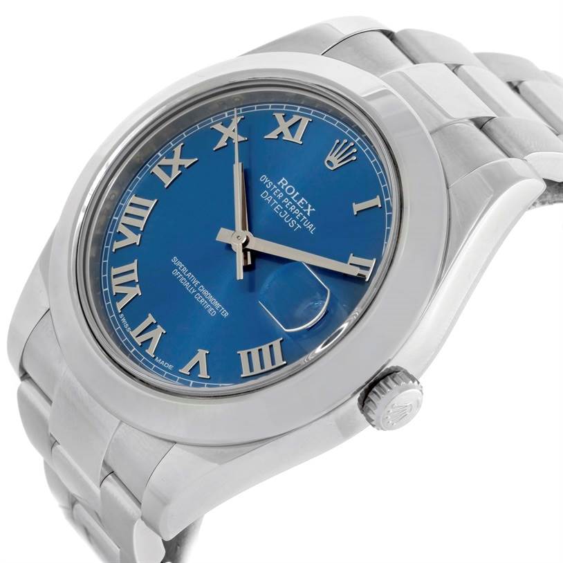 The image shows a close-up angled view of the Rolex Datejust 41 116300 Men's Stainless Steel Blue Dial 116300 Men's Stainless Steel Blue Dial watch, highlighting its blue dial, Roman numerals, and metal band.