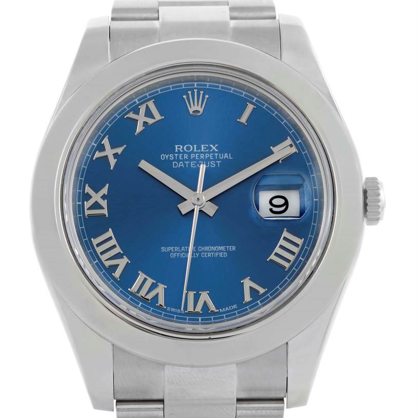 This is a front view of the Rolex Datejust 41 116300 Men's Stainless Steel Blue Dial 116300 Men's Stainless Steel Blue Dial watch, showcasing its blue dial with Roman numerals, date window, and part of the bracelet.