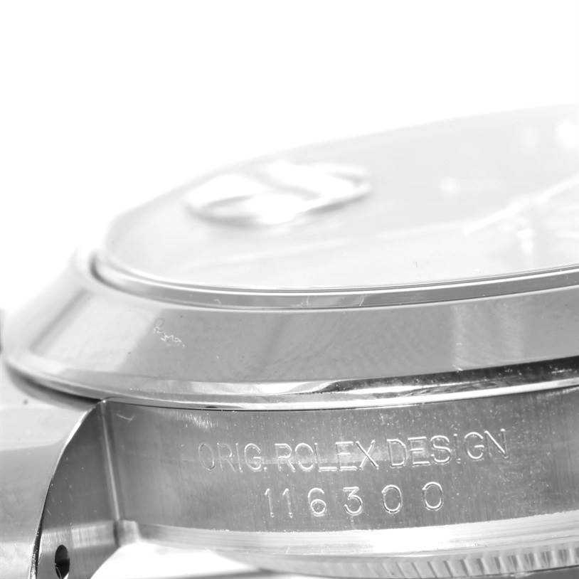 The image shows a close-up side view of the case and bezel of the Rolex Datejust 41 116300 Men's Stainless Steel Blue Dial 116300 Men's Stainless Steel Blue Dial, featuring the model number and "ORIG. ROLEX DESIGN".