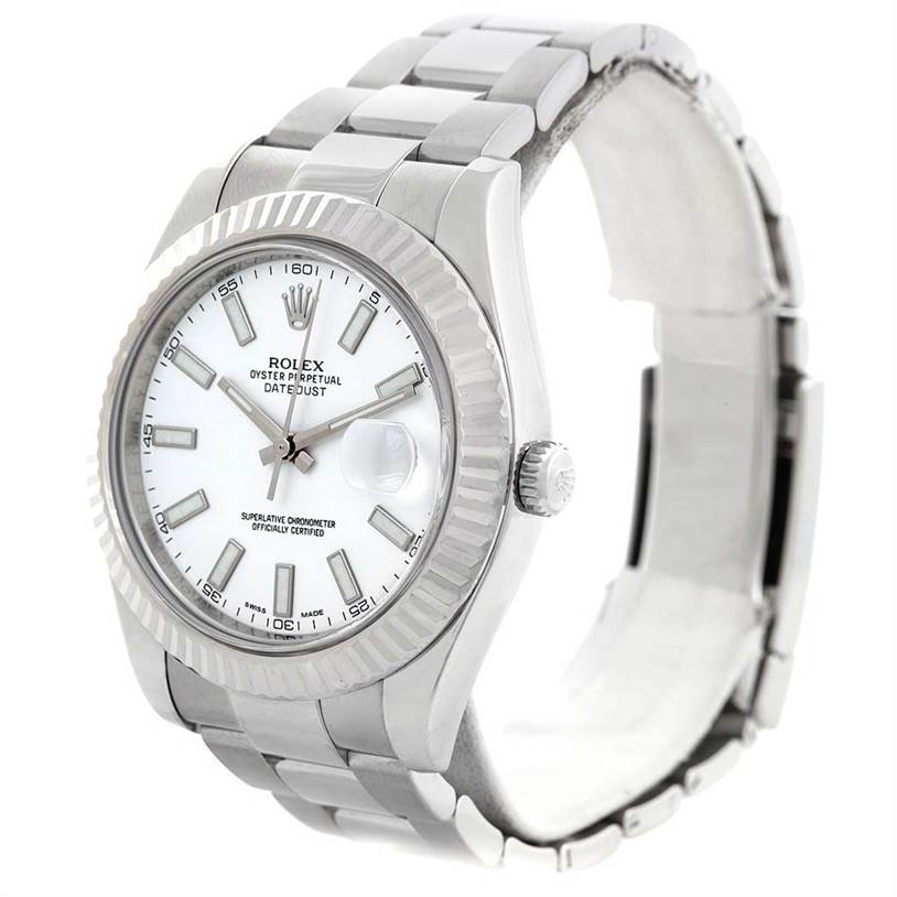 The Rolex Datejust 41 116334 Men's Stainless Steel White Dial 116334 Men's Stainless Steel White Dial watch is shown at a three-quarter angle featuring the dial, bezel, crown, and part of the bracelet.