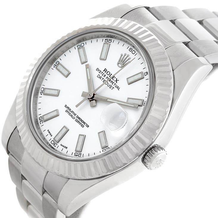 This is a close-up angle of the Rolex Datejust 41 116334 Men's Stainless Steel White Dial 116334 Men's Stainless Steel White Dial model, showing the face, bezel, crown, and part of the bracelet.
