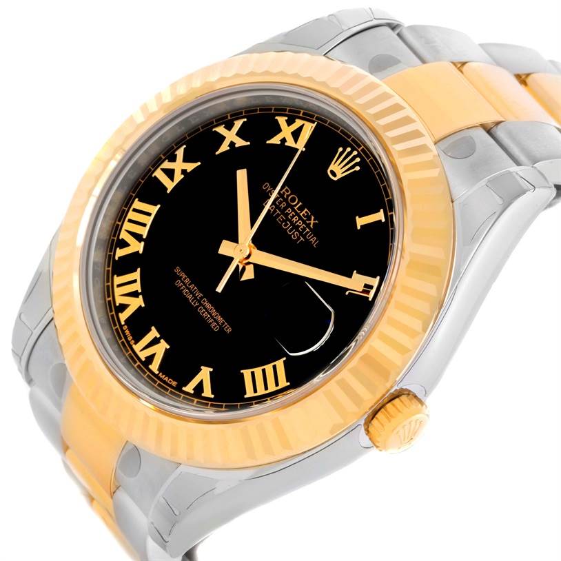 The image shows a partial top-side view of a Rolex Datejust 41 116333 Men's Steel and Gold (two tone) Black Dial 116333 Men's Steel and Gold (two tone) Black Dial watch, highlighting the dial, bezel, crown, and bracelet.