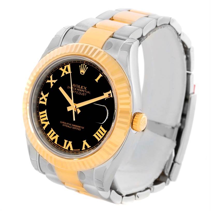 The image shows a front-facing view of a Rolex Datejust 41 116333 Men's Steel and Gold (two tone) Black Dial 116333 Men's Steel and Gold (two tone) Black Dial watch focusing on its black dial, gold bezel, and two-tone band.
