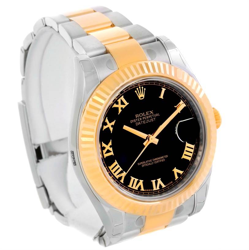 The image shows a front angle of the Rolex Datejust 41 116333 Men's Steel and Gold (two tone) Black Dial 116333 Men's Steel and Gold (two tone) Black Dial watch, highlighting its black dial, two-tone bracelet, and fluted bezel.