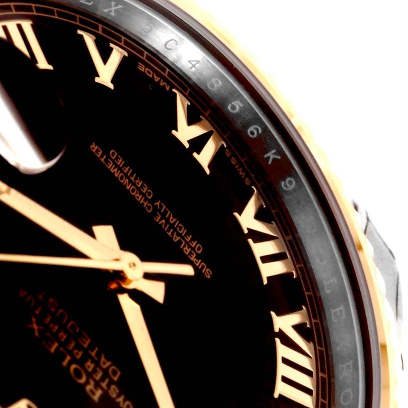 This close-up shows the dial and part of the bezel of a Rolex Datejust 41 116333 Men's Steel and Gold (two tone) Black Dial 116333 Men's Steel and Gold (two tone) Black Dial watch, highlighting the Roman numerals and hands.