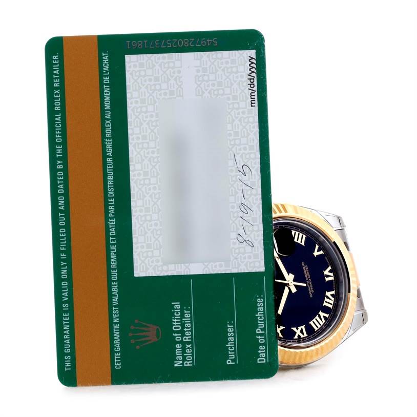 The image shows a partial view of a Rolex Datejust 41 116333 Men's Steel and Gold (two tone) Black Dial 116333 Men's Steel and Gold (two tone) Black Dial watch with a guarantee card in the foreground.