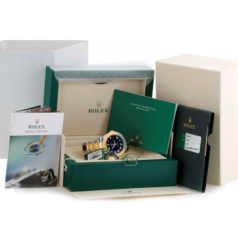 The image shows a Rolex Datejust 41 116333 Men's Steel and Gold (two tone) Black Dial 116333 Men's Steel and Gold (two tone) Black Dial watch along with its box, guarantee card, manuals, and other packaging accessories.