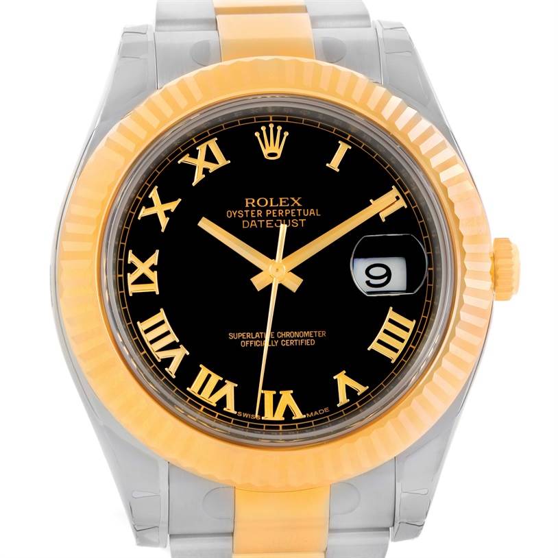 This is a front view of a Rolex Datejust 41 116333 Men's Steel and Gold (two tone) Black Dial 116333 Men's Steel and Gold (two tone) Black Dial showing the dial, bezel, case, and part of the bracelet.