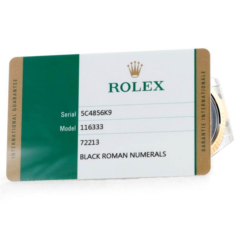 The image shows a warranty card for a Rolex Datejust 41 116333 Men's Steel and Gold (two tone) Black Dial 116333 Men's Steel and Gold (two tone) Black Dial model, with a partial view of the watch's bezel and case.