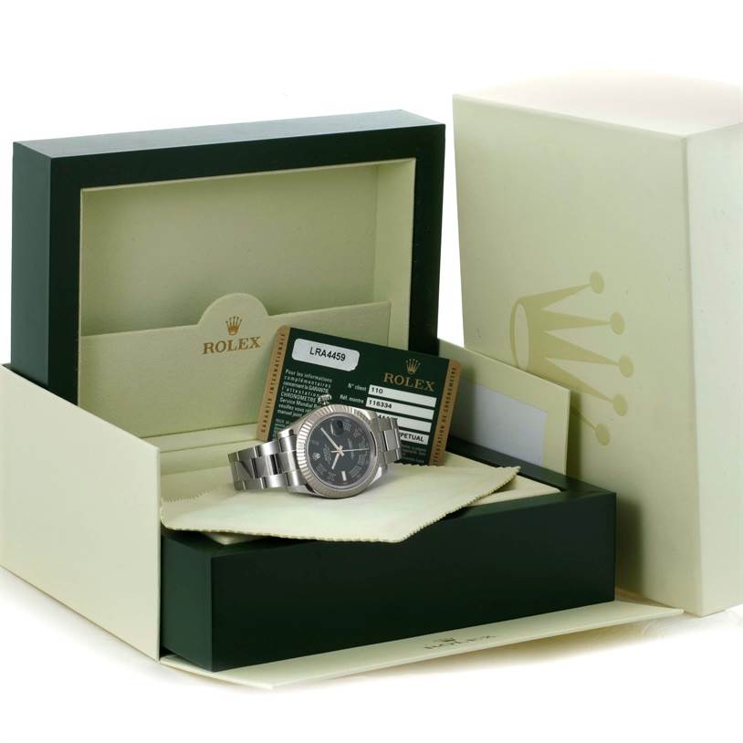 The Rolex Datejust 41 116334 Men's Stainless Steel Grey Dial 116334 Men's Stainless Steel Grey Dial watch is displayed in its open box with accompanying warranty card and packaging materials visible.