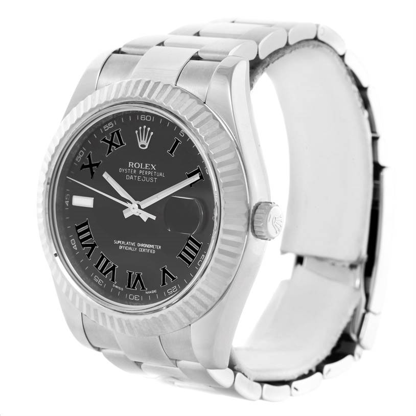 This image shows a Rolex Datejust 41 116334 Men's Stainless Steel Grey Dial 116334 Men's Stainless Steel Grey Dial watch from an angled side view, displaying the dial, bezel, crown, and part of the bracelet.