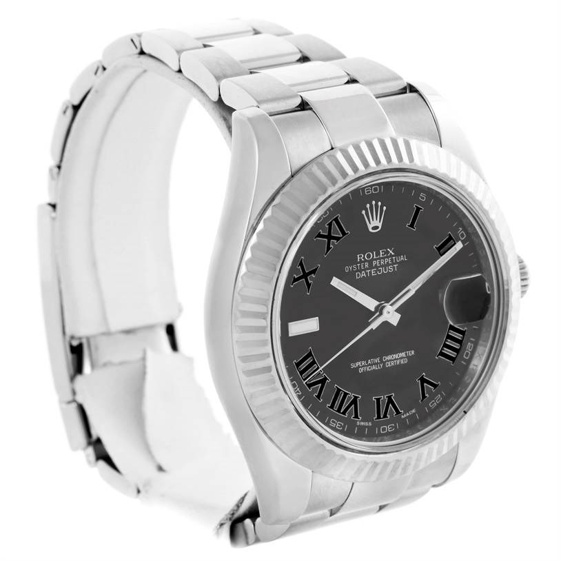 The image shows a Rolex Datejust 41 116334 Men's Stainless Steel Grey Dial 116334 Men's Stainless Steel Grey Dial watch from a front-side angle displaying its dial, bezel, and part of the metal bracelet.