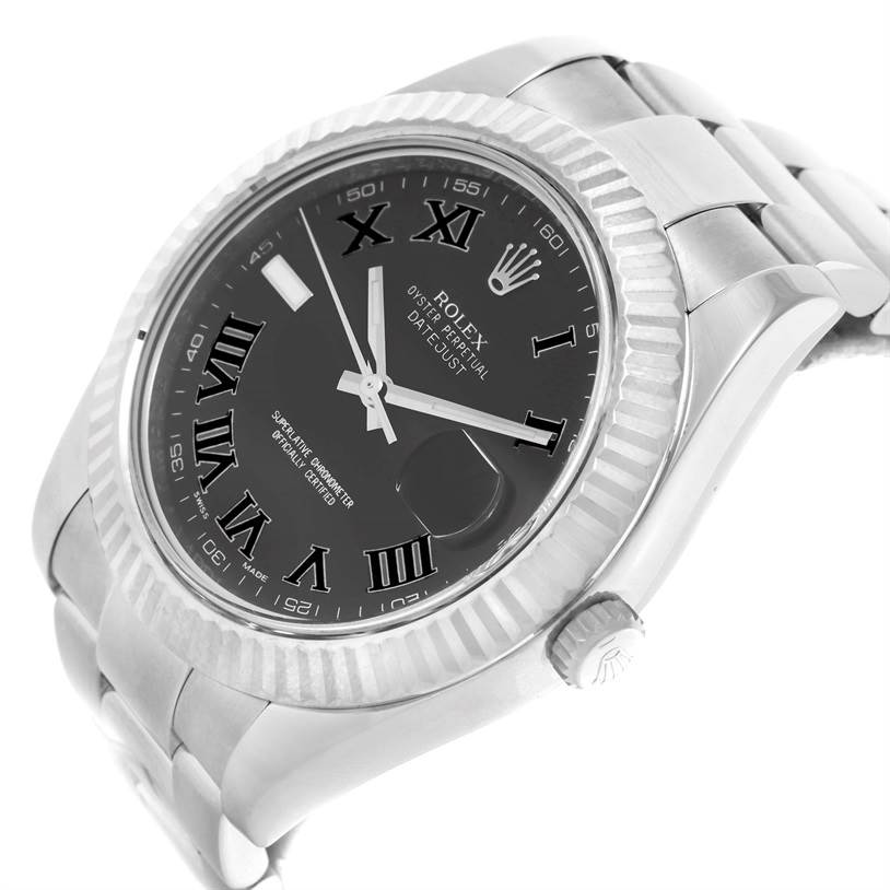 The image shows a close-up, angled view of the Rolex Datejust 41 116334 Men's Stainless Steel Grey Dial 116334 Men's Stainless Steel Grey Dial watch, highlighting the bezel, crown, dial, and bracelet.