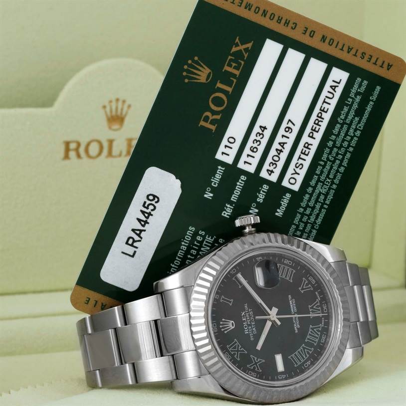 This image shows a Rolex Datejust 41 116334 Men's Stainless Steel Grey Dial 116334 Men's Stainless Steel Grey Dial watch with its face and bracelet, accompanied by its authentication card.