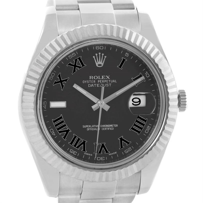 This image shows a front view of the Rolex Datejust 41 116334 Men's Stainless Steel Grey Dial 116334 Men's Stainless Steel Grey Dial watch, highlighting its dial, bezel, and bracelet.