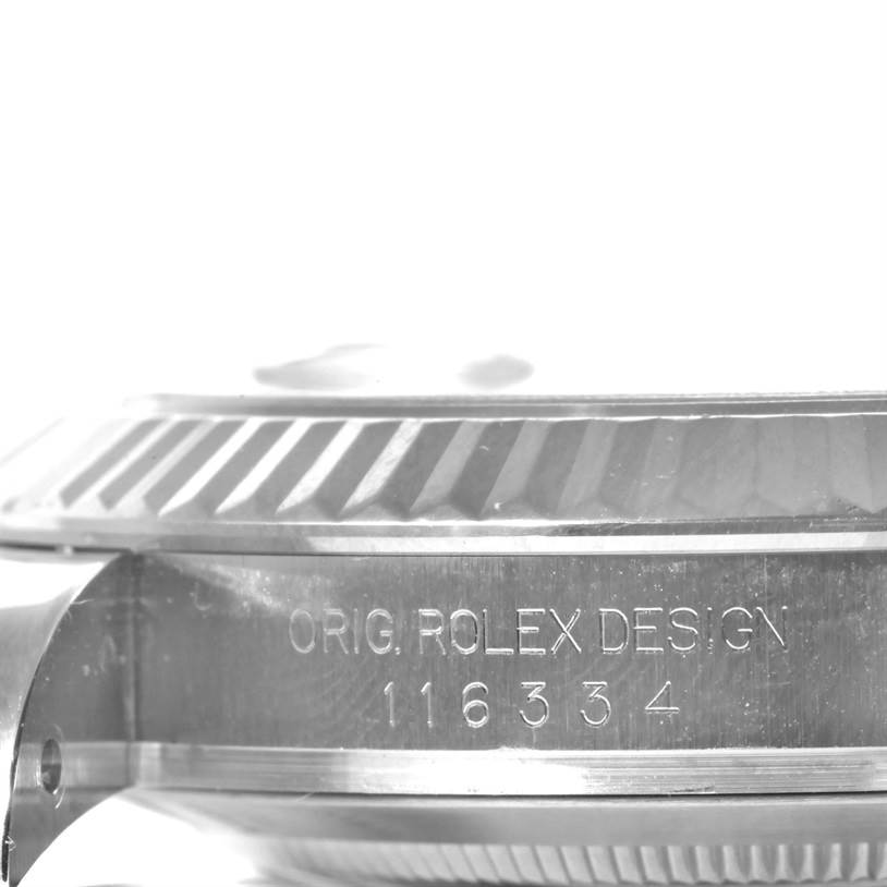 The image shows a close-up side view of the Rolex Datejust 41 116334 Men's Stainless Steel Grey Dial 116334 Men's Stainless Steel Grey Dial model, focusing on the bezel and case with the watch's reference number engraved.