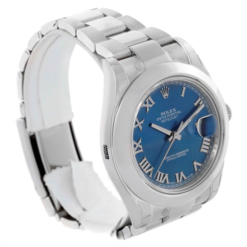 The image shows a Rolex Datejust 41 116300 Men's Stainless Steel Blue Dial 116300 Men's Stainless Steel Blue Dial watch from a three-quarter angle, highlighting its blue dial, silver bracelet, and case.