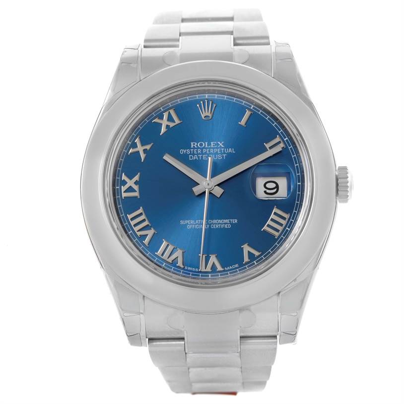 The image shows a front view of the Rolex Datejust 41 116300 Men's Stainless Steel Blue Dial 116300 Men's Stainless Steel Blue Dial watch, highlighting its blue dial, Roman numerals, and silver bracelet.