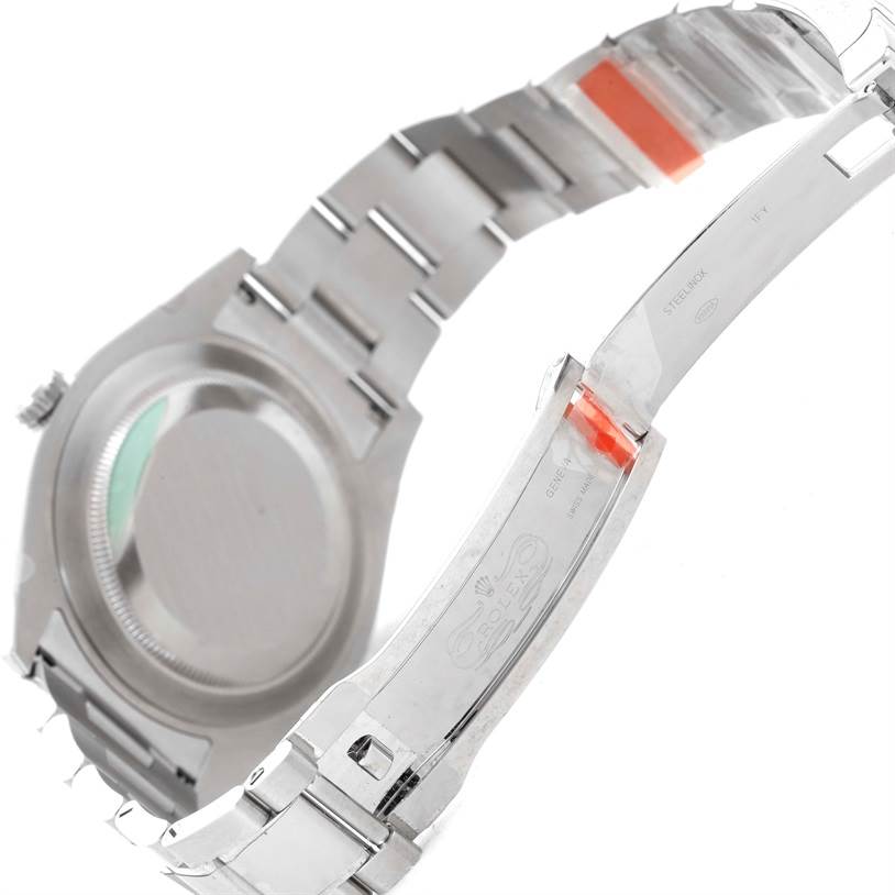 The image shows the back case and bracelet clasp of a Rolex Datejust 41 116300 Men's Stainless Steel Blue Dial 116300 Men's Stainless Steel Blue Dial watch, viewed from an angled perspective.