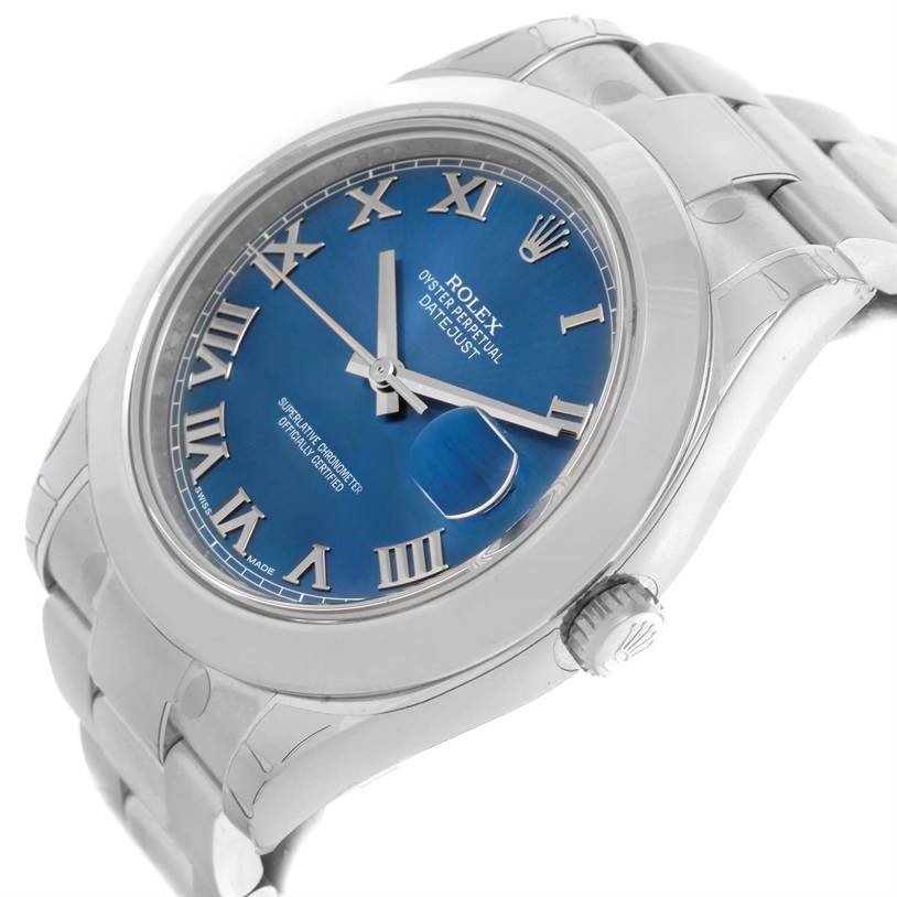 This image shows the Rolex Datejust 41 116300 Men's Stainless Steel Blue Dial 116300 Men's Stainless Steel Blue Dial model from an angled side view, highlighting the dial, crown, and bracelet.