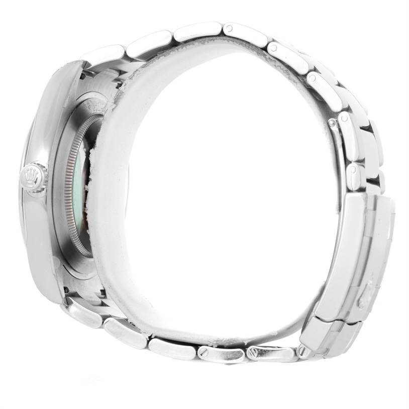 The image shows a side view of a Rolex Datejust 41 116300 Men's Stainless Steel Blue Dial 116300 Men's Stainless Steel Blue Dial with its bracelet and the crown visible.