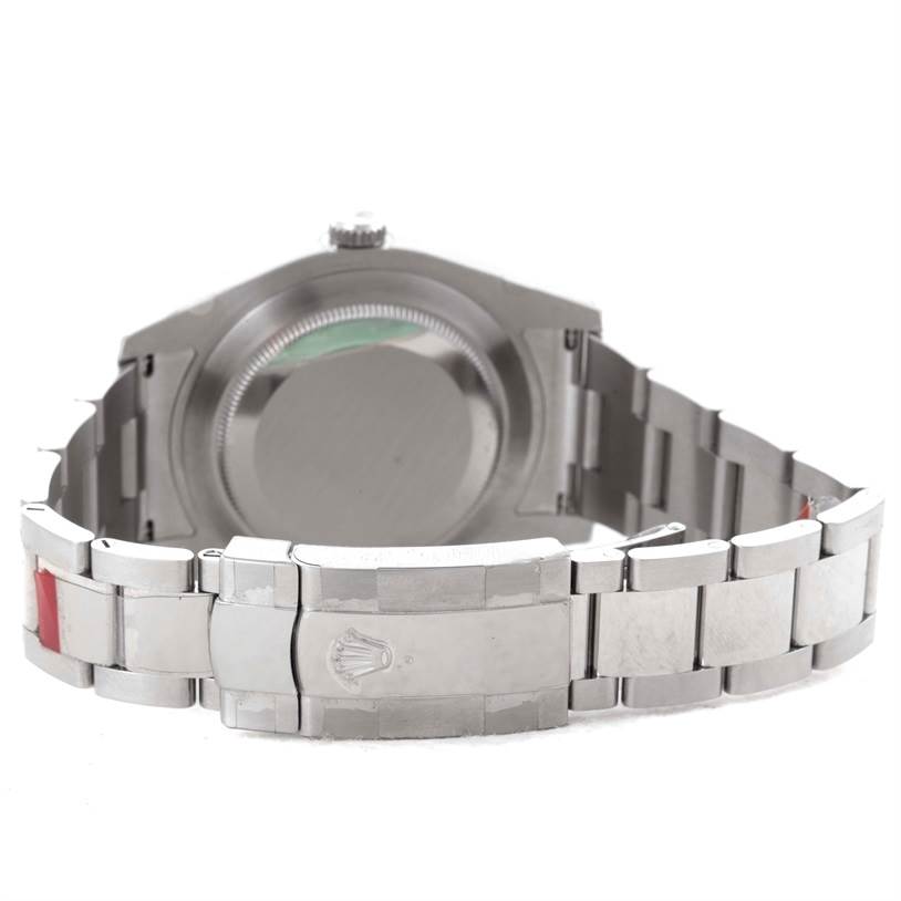 This image shows the back of the Rolex Datejust 41 116300 Men's Stainless Steel Blue Dial 116300 Men's Stainless Steel Blue Dial watch, highlighting the case back and part of the bracelet with a clasp.