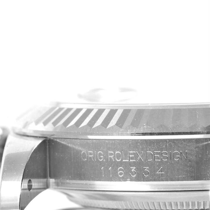 This image shows a close-up side angle of the bezel, case, and model number engraving on a Rolex Datejust 41 116334 Men's Stainless Steel Black Dial 116334 Men's Stainless Steel Black Dial.