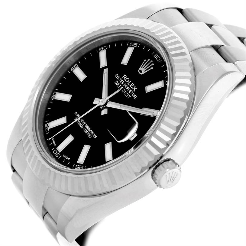 The Rolex Datejust 41 116334 Men's Stainless Steel Black Dial 116334 Men's Stainless Steel Black Dial watch is shown at an angled view, highlighting the black dial, fluted bezel, crown, and part of the bracelet.