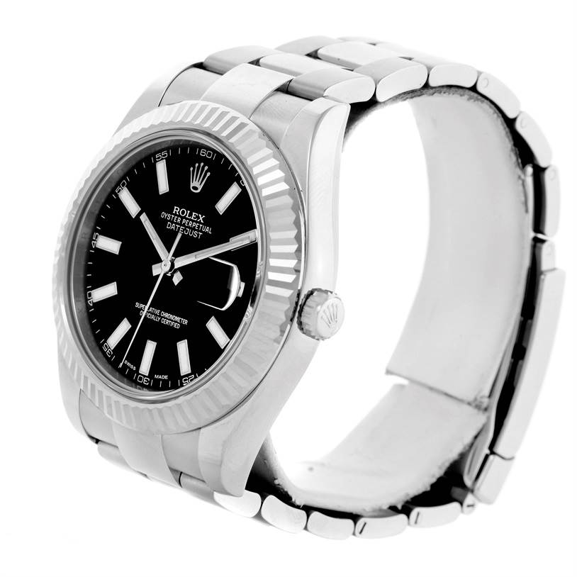 The Rolex Datejust 41 116334 Men's Stainless Steel Black Dial 116334 Men's Stainless Steel Black Dial is shown at a three-quarter angle, highlighting the bracelet, bezel, and black dial.