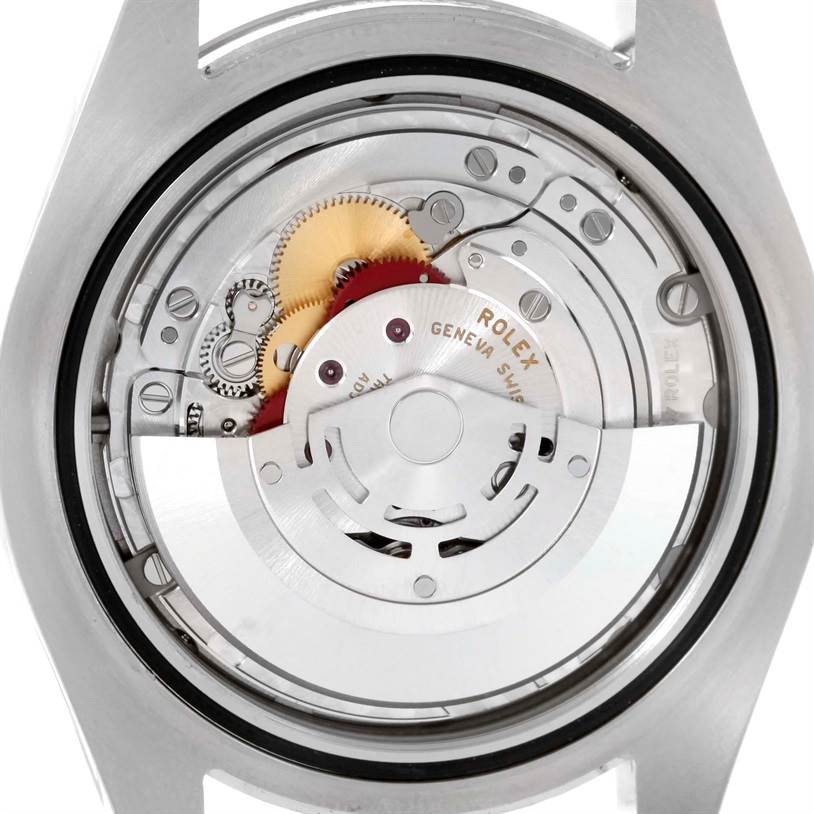 The image shows the back view of the Rolex Datejust 41 116334 Men's Stainless Steel Black Dial 116334 Men's Stainless Steel Black Dial watch, highlighting its internal movement mechanism.