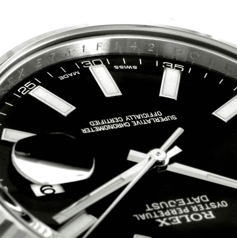 The image shows a close-up of the dial and bezel of a Rolex Datejust 41 116334 Men's Stainless Steel Black Dial 116334 Men's Stainless Steel Black Dial, highlighting the date indicator and hour markers.