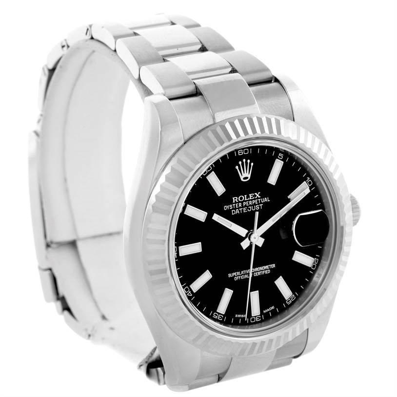 The image shows a Rolex Datejust 41 116334 Men's Stainless Steel Black Dial 116334 Men's Stainless Steel Black Dial model watch from a slight angle, highlighting the face, bezel, and part of the bracelet.