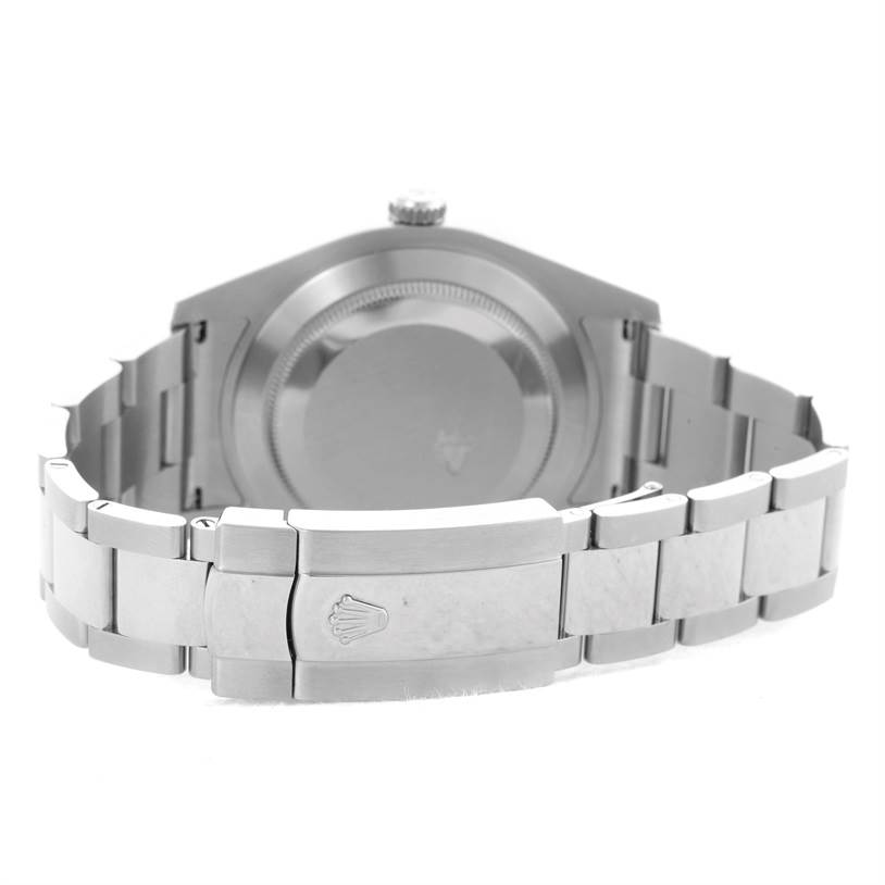 The image shows the back view of the Datejust 41 model by Rolex, highlighting the case back and bracelet clasp.