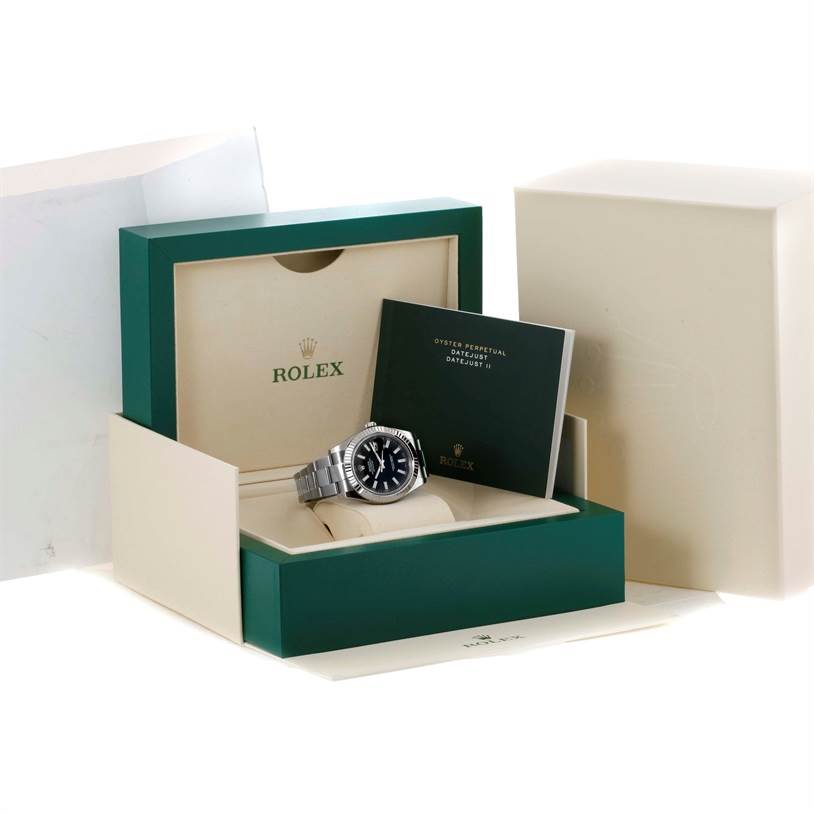 The Rolex Datejust 41 116334 Men's Stainless Steel Black Dial 116334 Men's Stainless Steel Black Dial watch is shown at a slight angle, featuring its box and accompanying documents.