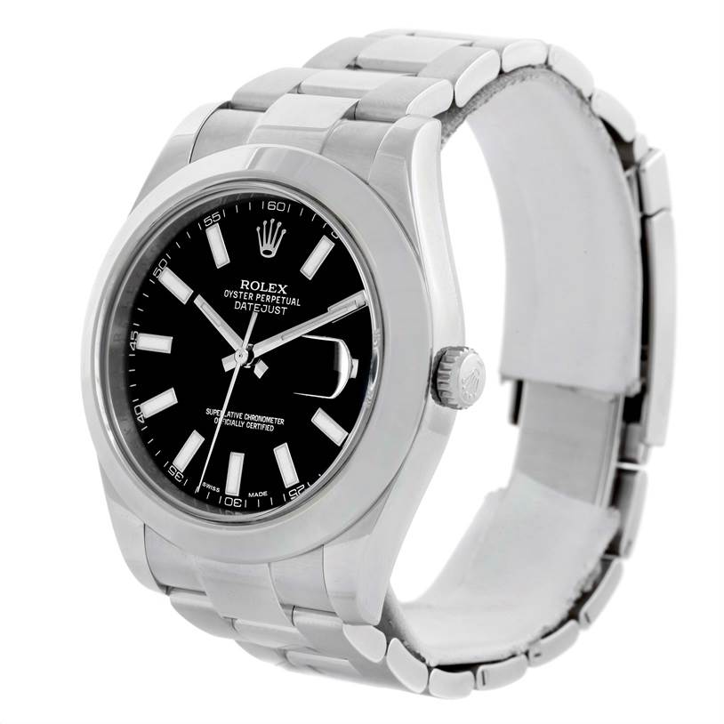 The image shows a Rolex Datejust 41 116300 Men's Stainless Steel Black Dial 116300 Men's Stainless Steel Black Dial watch from an oblique angle highlighting its black dial, case, crown, and bracelet.