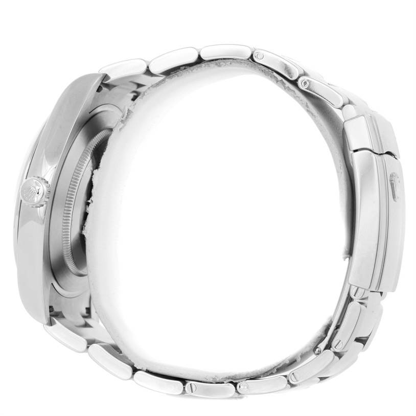 The Rolex Datejust 41 116300 Men's Stainless Steel Black Dial 116300 Men's Stainless Steel Black Dial watch is shown from a side angle focusing on the crown, case, and bracelet.