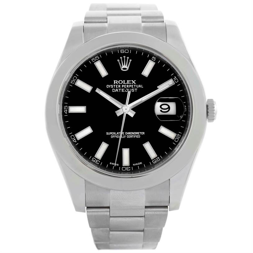 The image shows a frontal view of a Rolex Datejust 41 116300 Men's Stainless Steel Black Dial 116300 Men's Stainless Steel Black Dial watch, featuring its black dial, date display, and stainless steel bracelet.