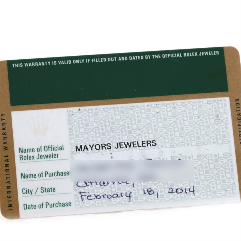 The image shows the warranty card for the Rolex Datejust 41 116333 Men's Steel and Gold (two tone) Champagne Dial 116333 Men's Steel and Gold (two tone) Champagne Dial, partially filled out with purchase details.