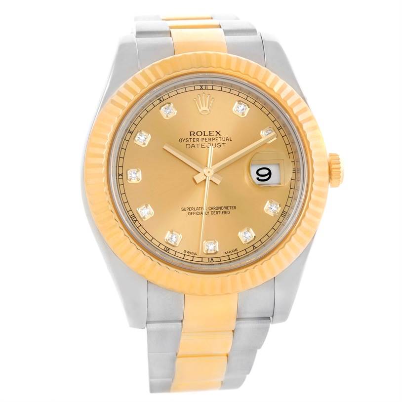 This image shows the face and bracelet of a Rolex Datejust 41 116333 Men's Steel and Gold (two tone) Champagne Dial 116333 Men's Steel and Gold (two tone) Champagne Dial watch with a gold bezel and two-tone band.