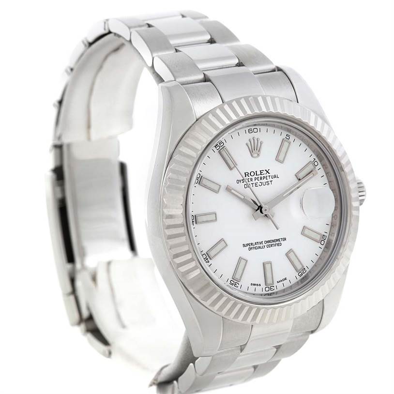 The image shows a Rolex Datejust 41 116334 Men's Stainless Steel White Dial 116334 Men's Stainless Steel White Dial watch from a front-left angle displaying its dial, bezel, and part of the bracelet.