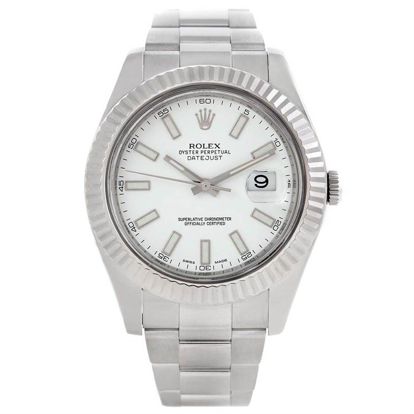 The image shows a Rolex Datejust 41 116334 Men's Stainless Steel White Dial 116334 Men's Stainless Steel White Dial watch, viewed from the front, highlighting its dial, hands, fluted bezel, and bracelet.