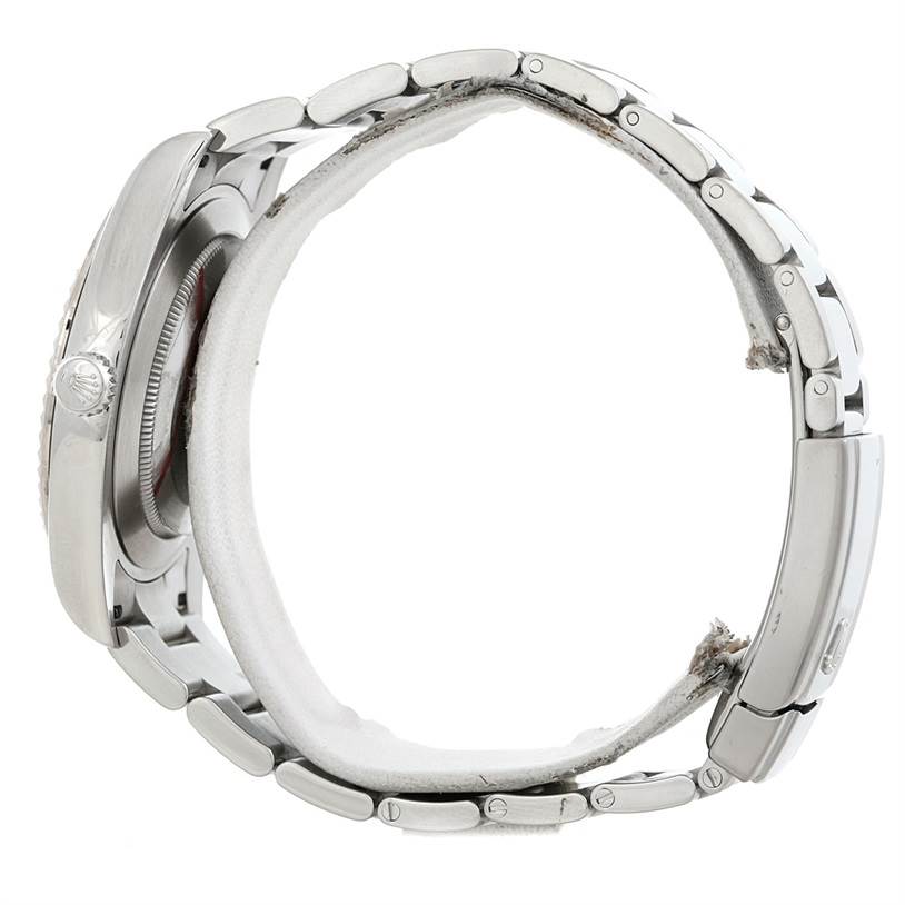 The image shows a side view of a Rolex Datejust 41 116334 Men's Stainless Steel White Dial 116334 Men's Stainless Steel White Dial watch, focusing on the case, crown, and bracelet.