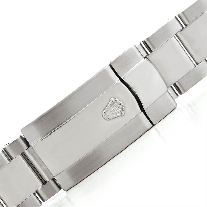This image shows the clasp of the Rolex Datejust 41 116334 Men's Stainless Steel White Dial 116334 Men's Stainless Steel White Dial watch band, featuring the Rolex crown logo.